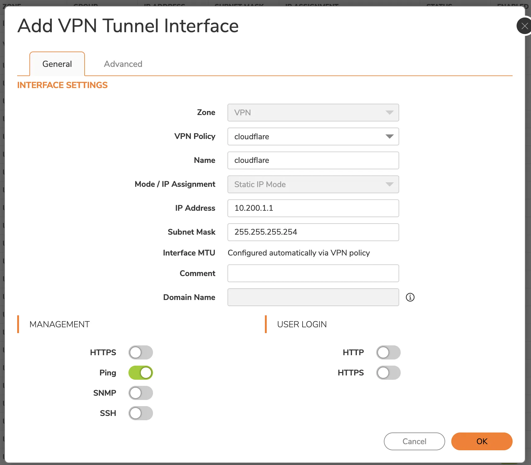 Enable ping so that your interface can be pinged for debugging and Cloudflare WAN health checks