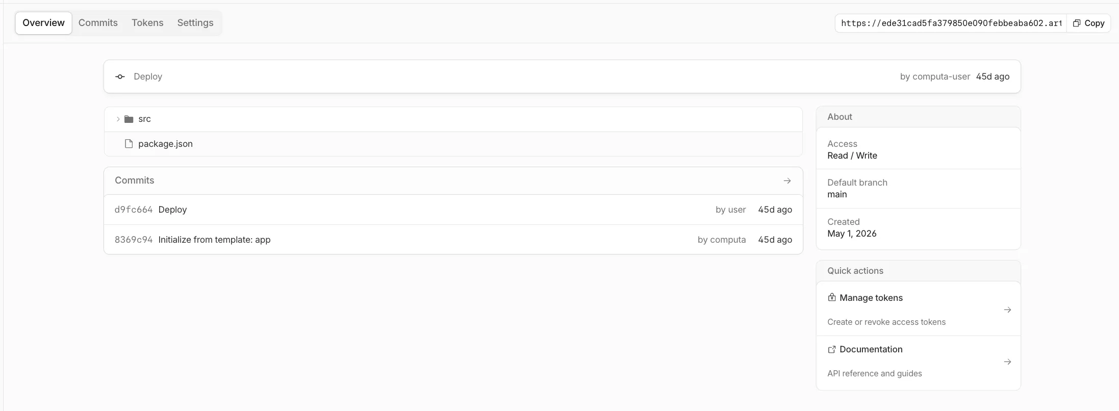 Artifacts repository overview showing files, commits, token management, and quick actions