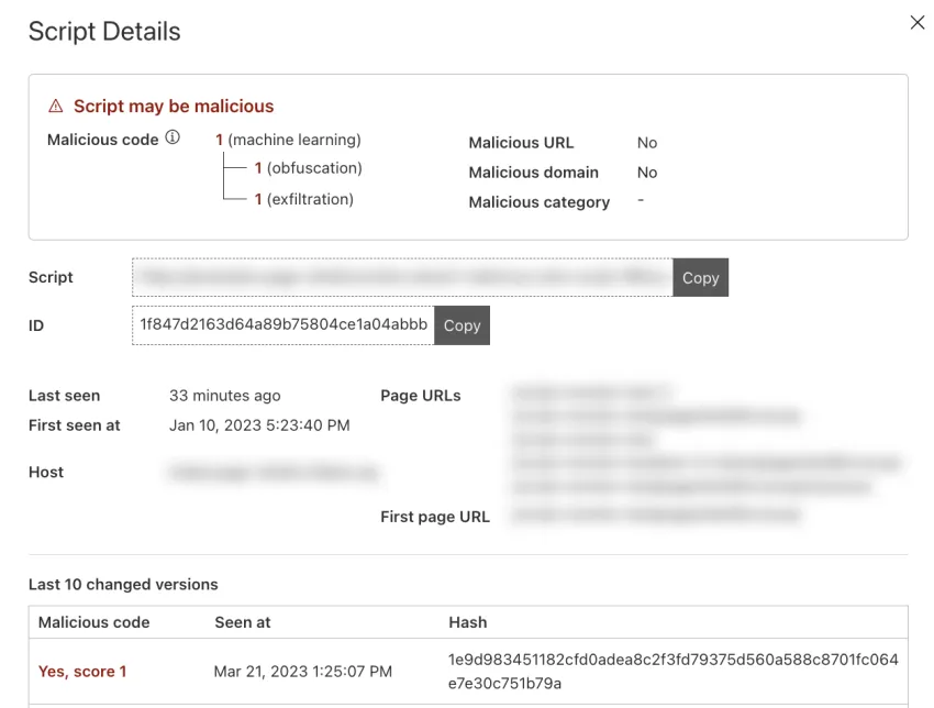 Dialog box showing the details of a script considered malicious.